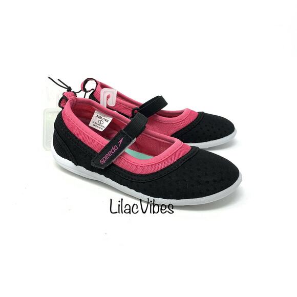 Speedo Toddler Girls' Size Large 9/10 Mary Jane Water Shoes Black Pink NEW - Picture 1 of 4